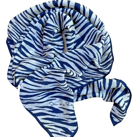 Vintage Oscar De La Renta Silk Scarf Navy Blue & White Mod Stripes Large Square - Picture 8 of 9